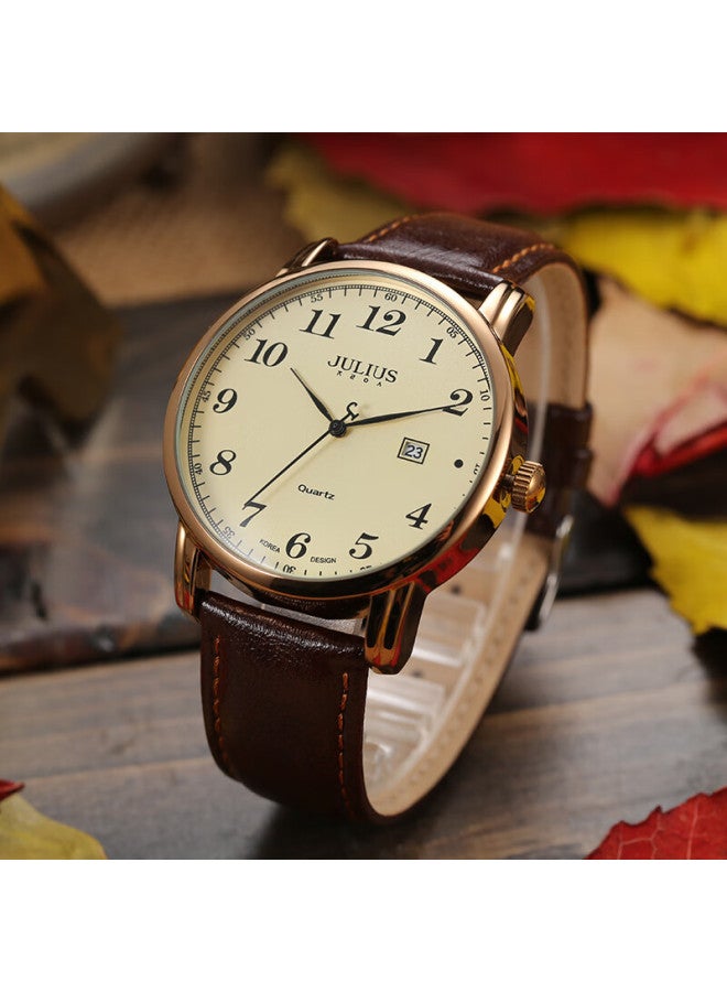 Julius Men's Watch, Retro Fashion, Date Display, Casual Leather Strap, Quartz, Student Exam, Men's Watch, Coffee Color, Ja-508mc - Image 1
