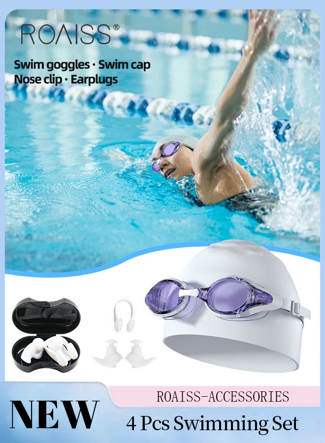 roaiss 4 Pcs  Adults Swimming Goggle Set , HD Waterproof and Anti-fog Goggles, Beach Pool Swimming Equipment with Swimming Cap, Swimming Goggle, Earplugs, Nose Clip for Men Women  - Image 1