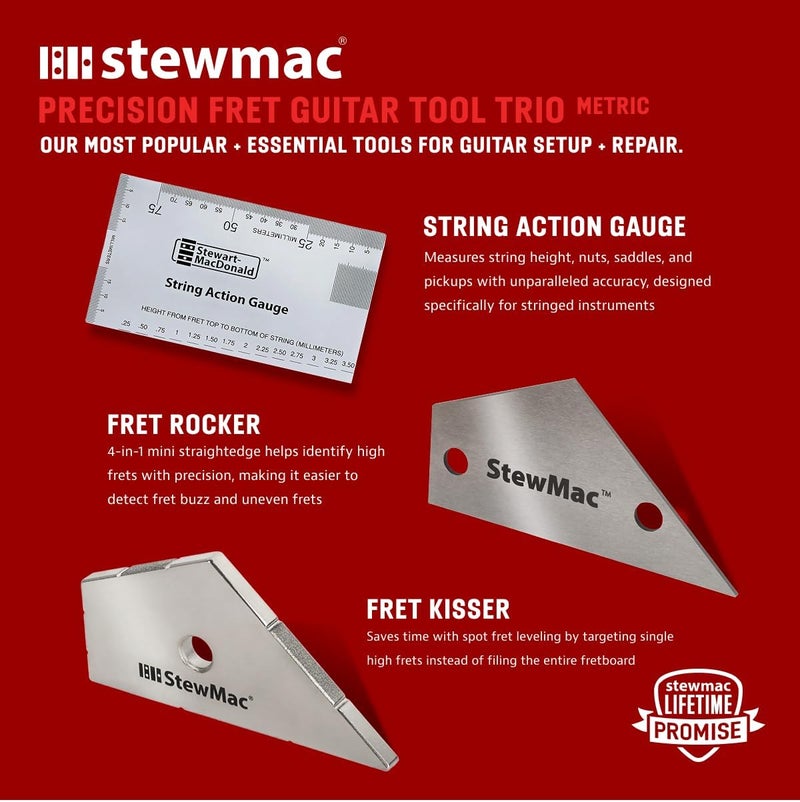 StewMac Store Precision Fret Guitar Tool Trio, Metric – String Action Gauge, Fret Rocker, Fret Kisser for Guitar Setup & Repair - Image 2