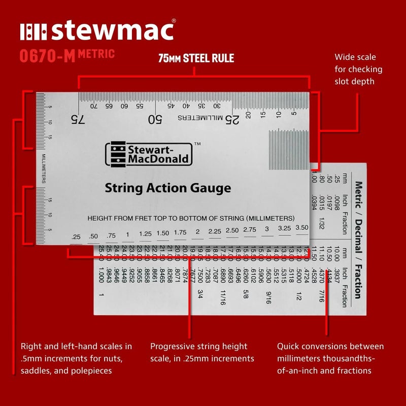 StewMac Store Precision Fret Guitar Tool Trio, Metric – String Action Gauge, Fret Rocker, Fret Kisser for Guitar Setup & Repair - Image 3