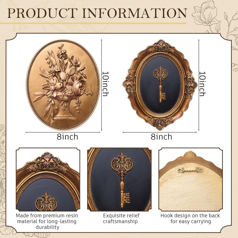 Kathfly 2 Pack Vintage Wall Sculptures Gold Flower Wall Art and Oval Embossed Intricate Key Decor Antique Statue Victorian Hanging Decor for Gallery Bedroom Living Room Valentine's Day Gift for Couple - Image 2