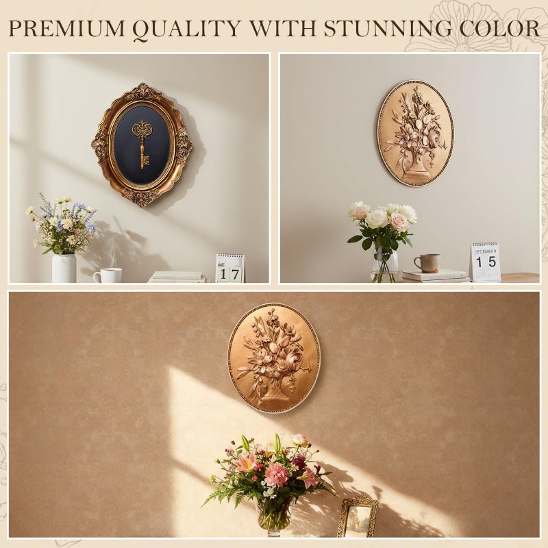 Kathfly 2 Pack Vintage Wall Sculptures Gold Flower Wall Art and Oval Embossed Intricate Key Decor Antique Statue Victorian Hanging Decor for Gallery Bedroom Living Room Valentine's Day Gift for Couple - Image 4