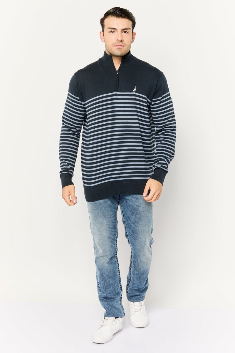 NAUTICA Men Mock Neck Stripe Long Sleeve Sweatshirt, Navy Blue  - Image 4