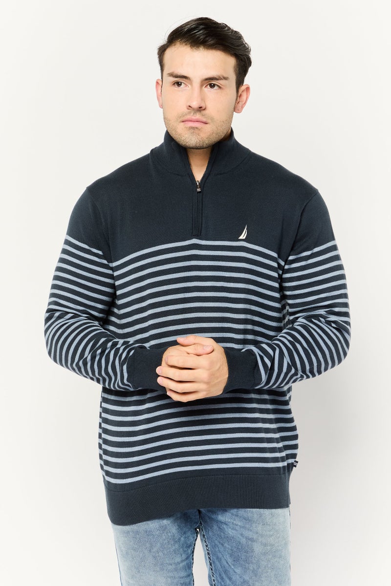 NAUTICA Men Mock Neck Stripe Long Sleeve Sweatshirt, Navy Blue  - Image 1