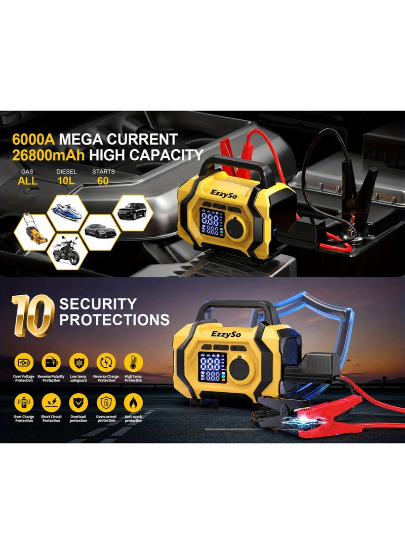 إيزي سو 6000A 26800mAh Jump Starter with Air Compressor For All Gas and 10.0L Diesel Engines Cordless Auto Shutoff Tire Inflator Type C Quick Charging Smart Jump - Image 3