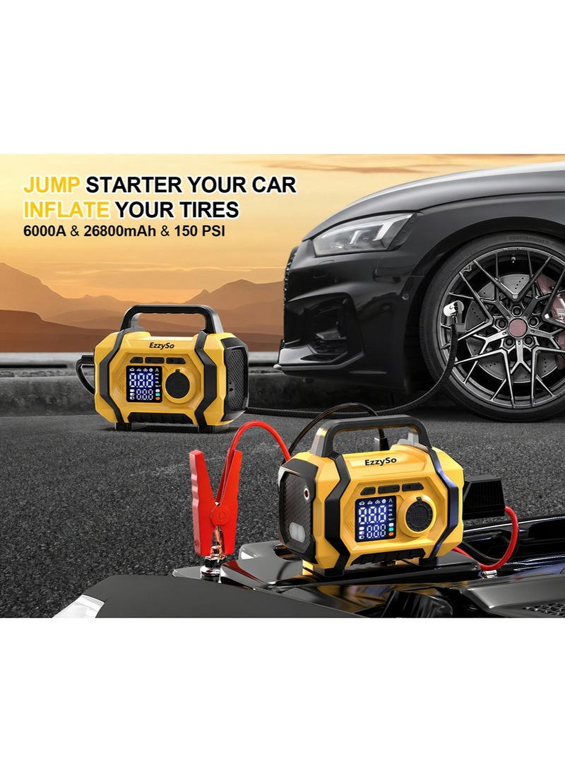 إيزي سو 6000A 26800mAh Jump Starter with Air Compressor For All Gas and 10.0L Diesel Engines Cordless Auto Shutoff Tire Inflator Type C Quick Charging Smart Jump - Image 2