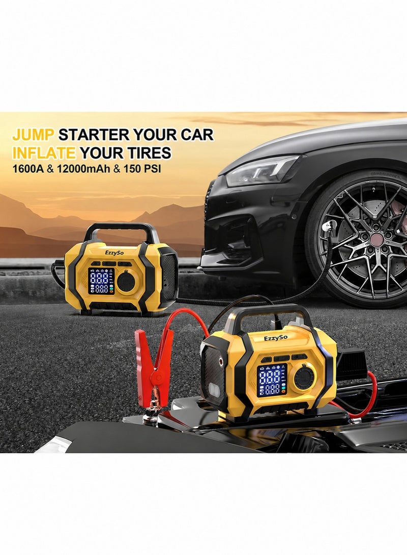 إيزي سو 1600A 12000mAh Jump Starter with Air Compressor for All Gas and 10.0L Diesel Engines, Cordless Auto Shutoff Tire Inflator, Type-C Quick Charging Smart Jump Starter - Image 2