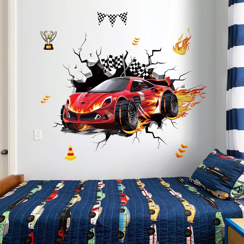 Decalmile 3D Racing Cars Wall Decals Red Cars Flags Wall Stickers Baby Nursery Boys Bedroom Kids Room Wall Decor Gifts For Kids - Image 3