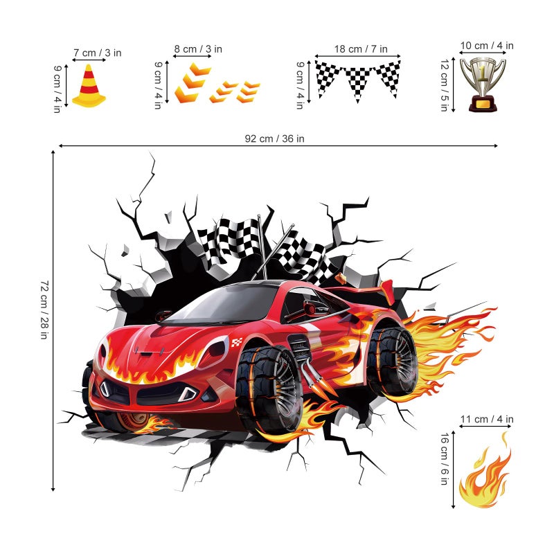 Decalmile 3D Racing Cars Wall Decals Red Cars Flags Wall Stickers Baby Nursery Boys Bedroom Kids Room Wall Decor Gifts For Kids - Image 4