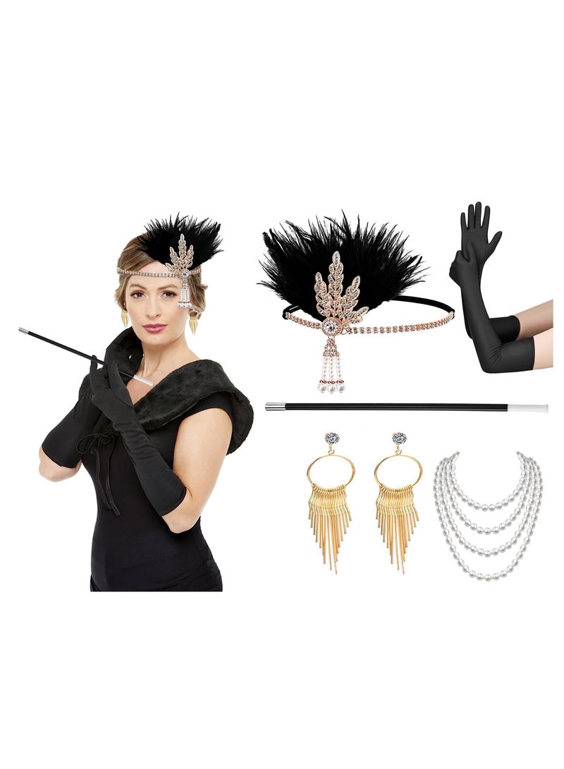 كابتن تيك 1920s Flapper Accessories Kit - Great Gatsby Themed Costume Set with Headband, Gloves, Necklace - Image 1