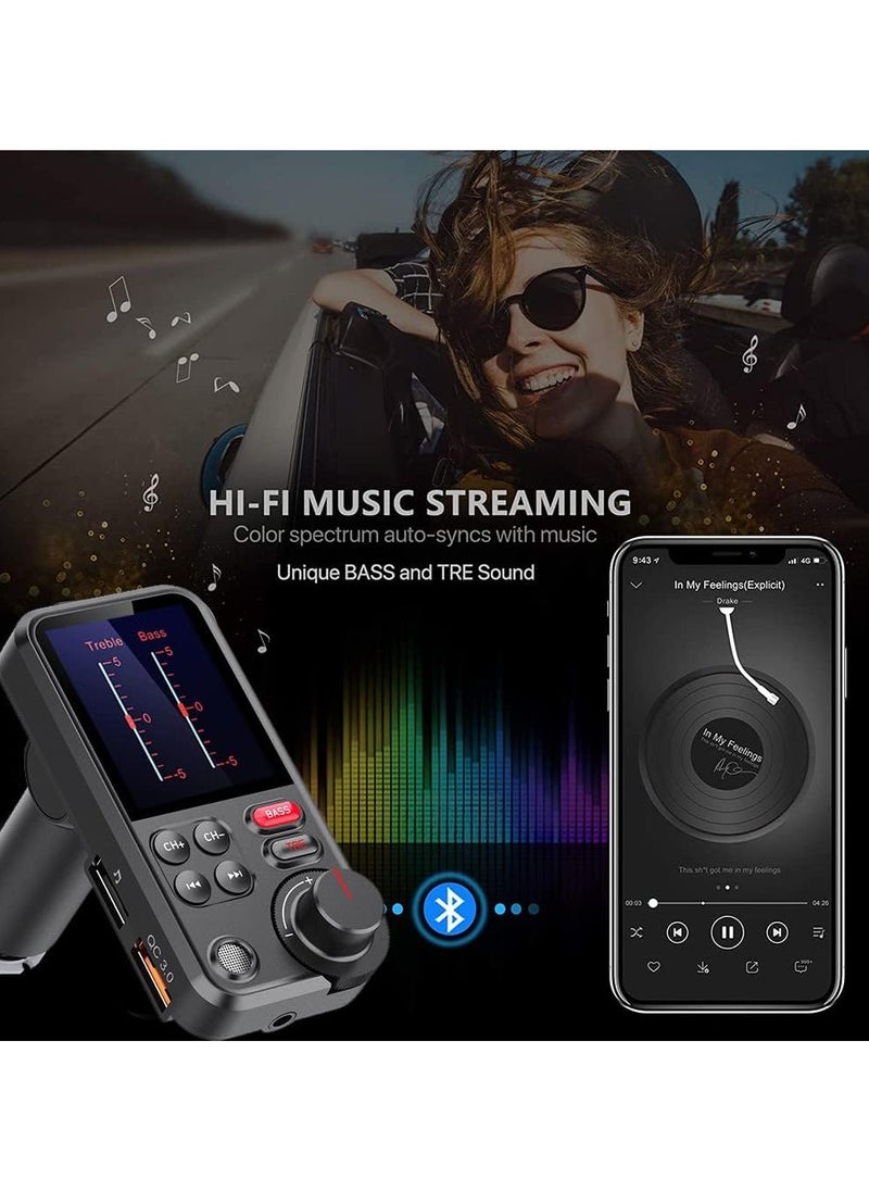 Generic Car Bluetooth FM Transmitter with 1.8” Color Screen | Strong Microphone for Hands-Free Calls | QC3.0 Fast Charging | Treble & Bass Control | Bluetooth Car Radio Adapter for Music Streaming  - Image 4