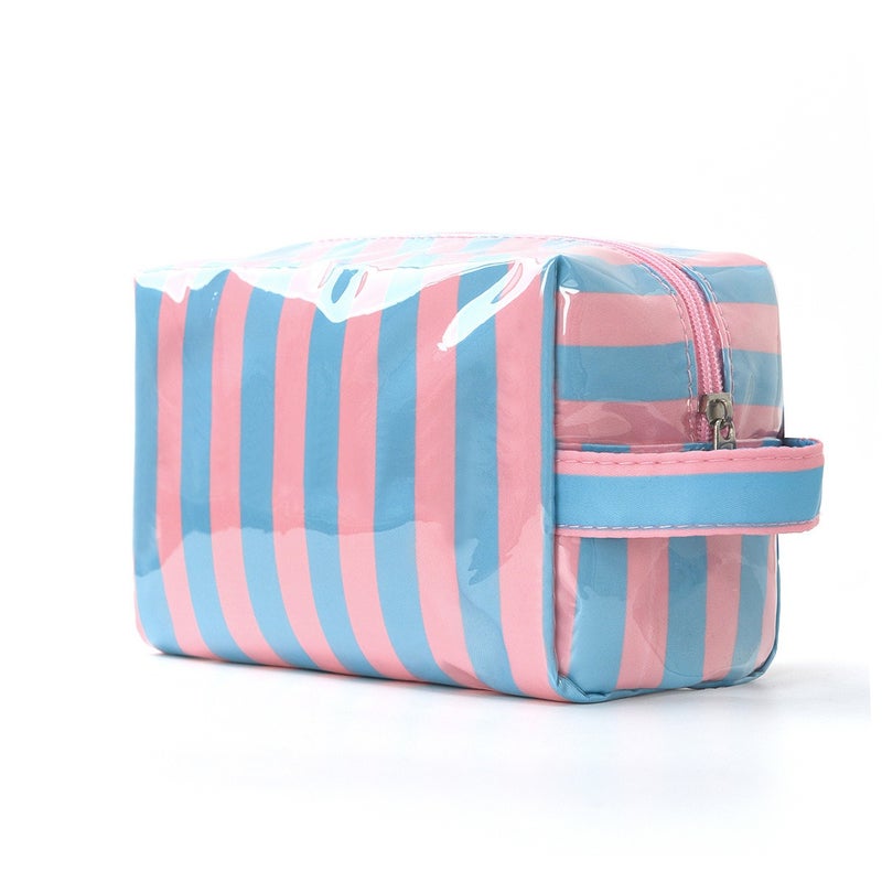W Large Capacity Travel Cosmetic Bag with Striped Design, Portable Makeup Organizer for Women, Washable Polyester Storage Pouch - Image 3