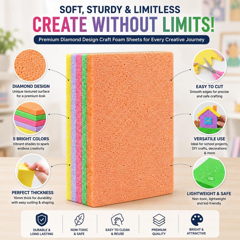 Hasanat Essentials Diamond Design Craft Foam Sheets A4 Size 10mm Thick Multicolor Foam Board for DIY Art and School Projects - Image 2