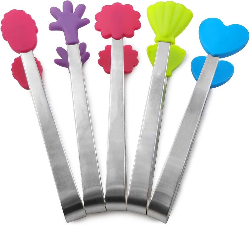 Daycount 5pcs Stainless Steel Sugar Tong 5-Inch Mini Serving Tongs With Creative Silicone Head, For Tea Coffee Party - Image 1