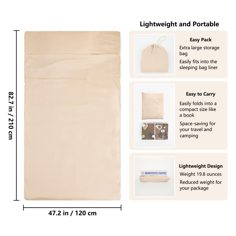 RHINSBENF Sleeping Bag Liner Camping Adult Sleep Sack Lightweight Travel Sheet for Hotel Bed Compact Ultralight Essential Cleaning Supplies Kit Travel Bedding Set for Backpacking (Sandy & Single) - Image 2