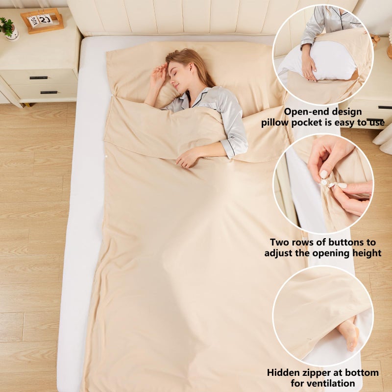 RHINSBENF Sleeping Bag Liner Camping Adult Sleep Sack Lightweight Travel Sheet for Hotel Bed Compact Ultralight Essential Cleaning Supplies Kit Travel Bedding Set for Backpacking (Sandy & Single) - Image 4