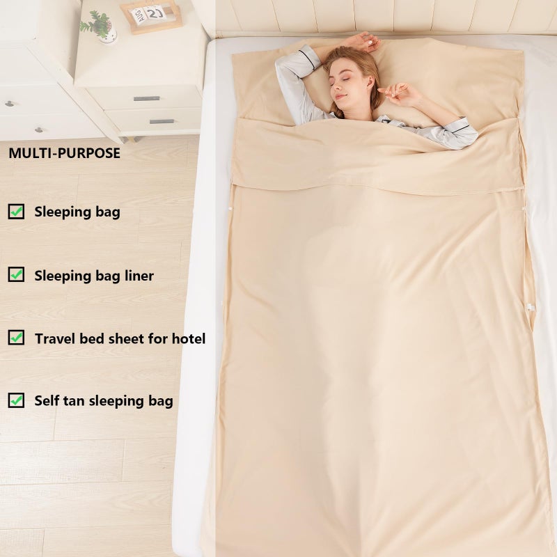 RHINSBENF Sleeping Bag Liner Camping Adult Sleep Sack Lightweight Travel Sheet for Hotel Bed Compact Ultralight Essential Cleaning Supplies Kit Travel Bedding Set for Backpacking (Sandy & Single) - Image 5