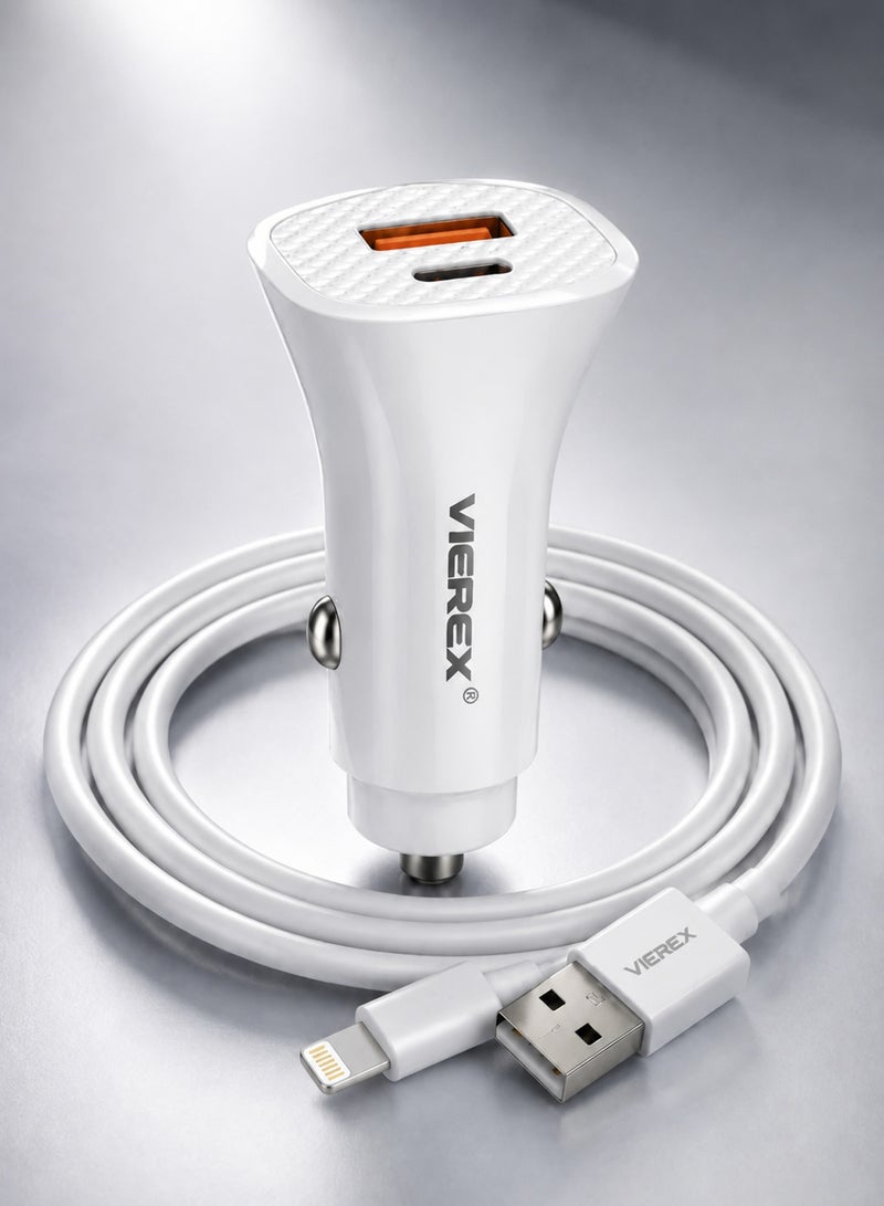 Vierex Power Delivery PD Fast Charger + QC3.0 Dual Port Car Adapter, High-Speed USB-C Cigarette Lighter Phone Charger with Premium  Lightning Charging Cable - Image 1