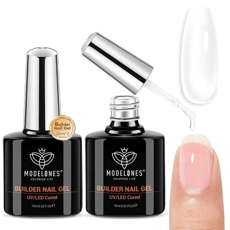 modelones Builder Nail Gel, 2 Pcs Clear Builder Nail Polish for Thickening Strengthener Apex Building Extension Rubber Base Gel Polish in a Bottle for DIY Home Salon Gifts 10ml LED Lamp Cured - Image 1