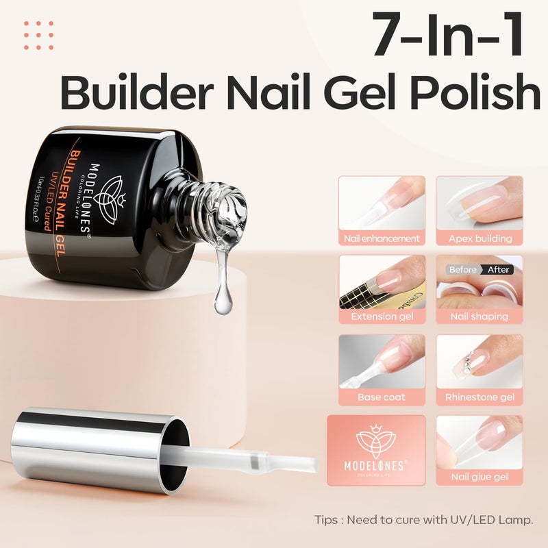 modelones Builder Nail Gel, 2 Pcs Clear Builder Nail Polish for Thickening Strengthener Apex Building Extension Rubber Base Gel Polish in a Bottle for DIY Home Salon Gifts 10ml LED Lamp Cured - Image 3