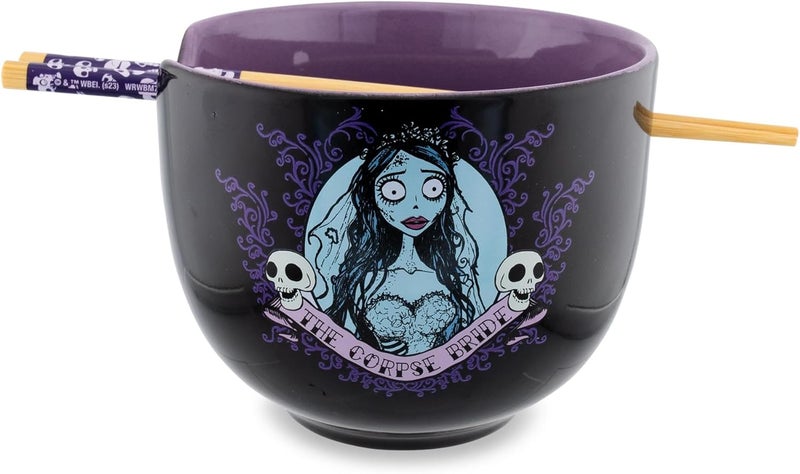Silver Buffalo Tim Burtons Corpse Bride Emily Ceramic Ramen Dinnerware Set  Includes 20Ounce Noodle Bowl and Wooden Chopsticks - Image 1
