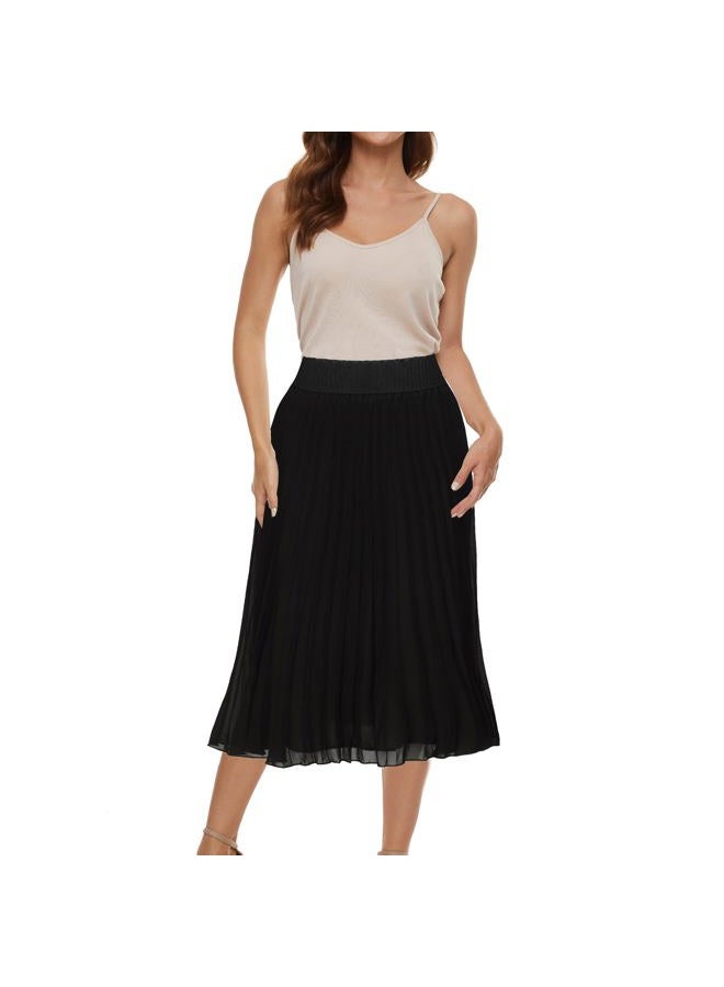 TEERFU Women's Casual High Waist A Line Stretch Pleated Midi Swing Skirt Black Medium - Image 2