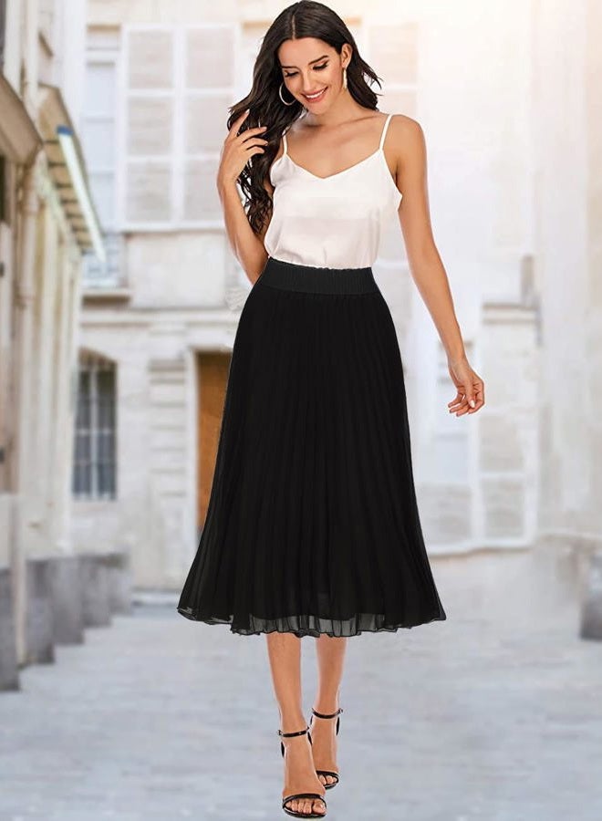 TEERFU Women's Casual High Waist A Line Stretch Pleated Midi Swing Skirt Black Medium - Image 3