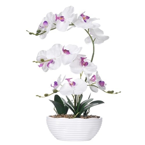 GreenHouzz 19" H Phalaenopsis Faux Orchid Plant Silk Orchid Centerpiece Artificial Floral Arrangement in Ceramic Pot (White) - Image 1