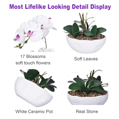 GreenHouzz 19" H Phalaenopsis Faux Orchid Plant Silk Orchid Centerpiece Artificial Floral Arrangement in Ceramic Pot (White) - Image 2