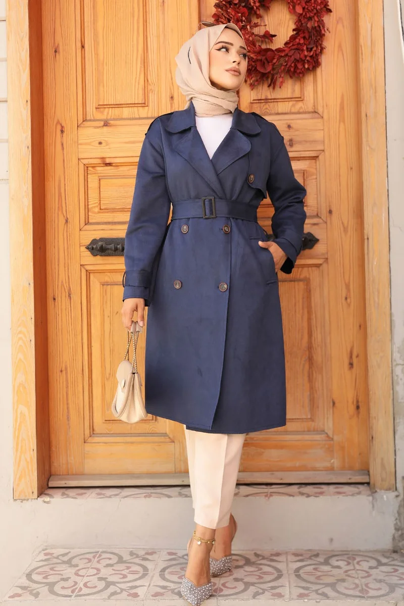 Neva Style Belted Suede Navy Blue Hijab Trench Coat 72091L