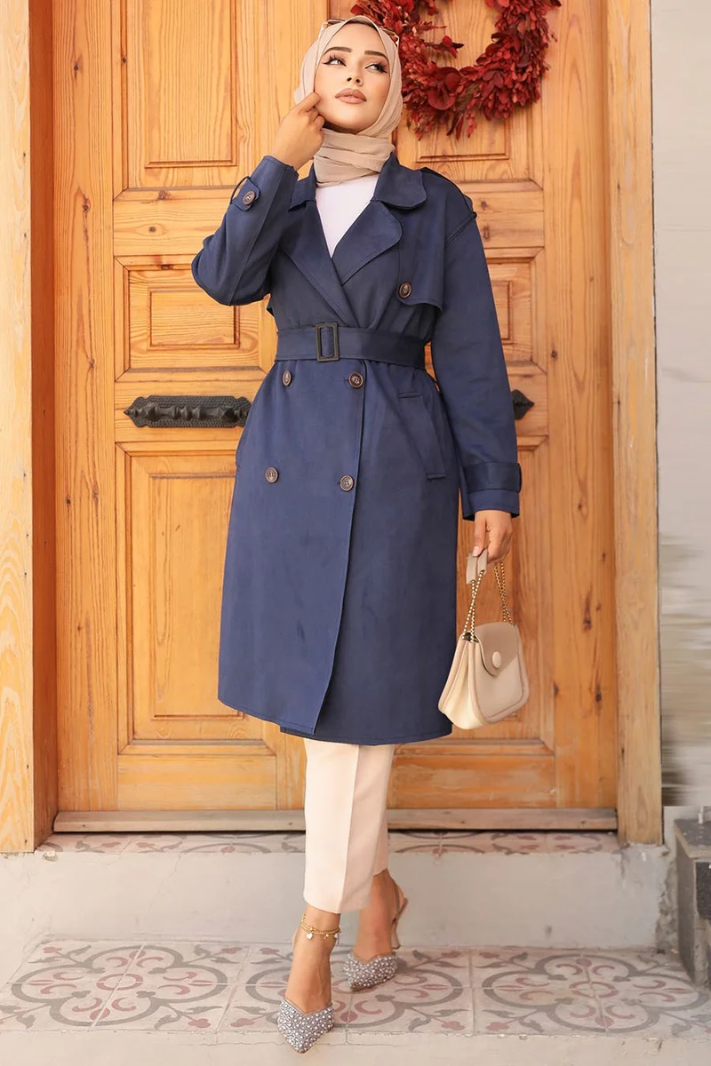 Neva Style Belted Suede Navy Blue Hijab Trench Coat 72091L