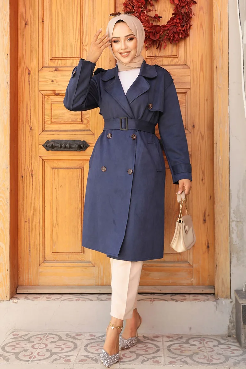 Neva Style Belted Suede Navy Blue Hijab Trench Coat 72091L