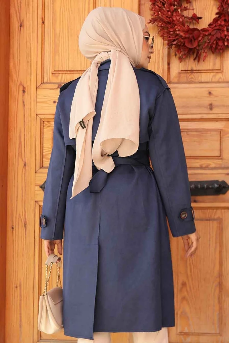 Neva Style Belted Suede Navy Blue Hijab Trench Coat 72091L