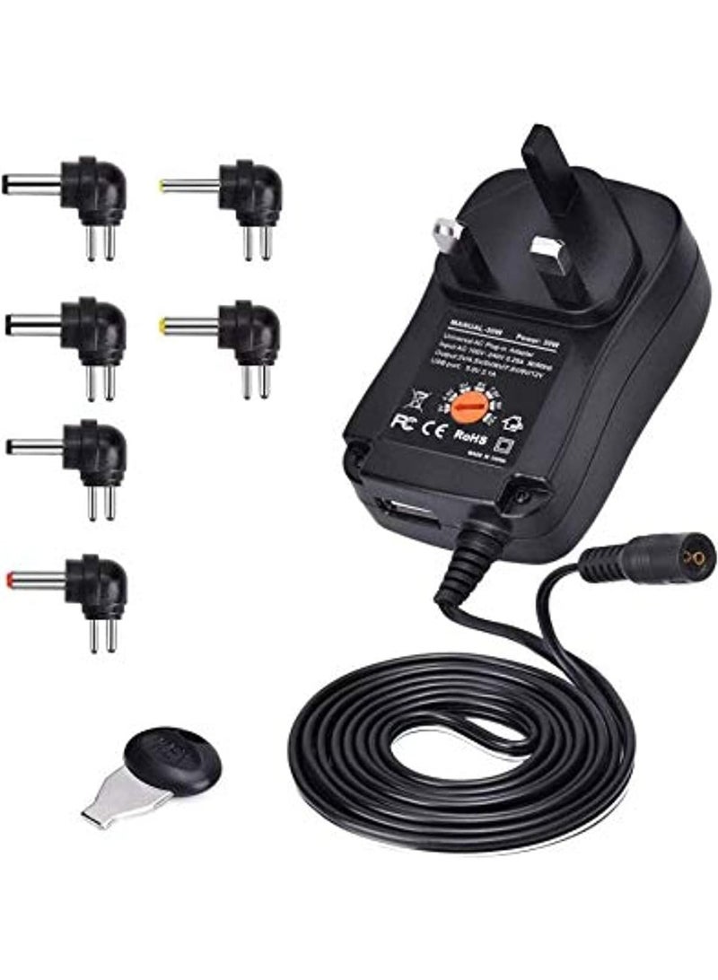 Best One 30W Universal AC/DC, 3V 4.5V 6V 9V 12V Adapter with 6 Tips for Household Electronics (Plug Type: UK), black - Image 1