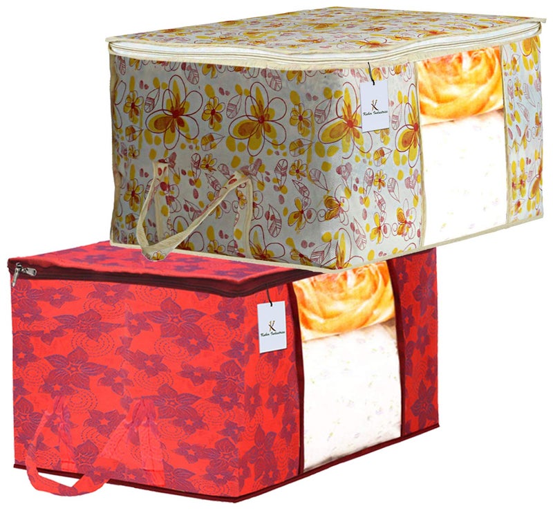 Kuber Industries Metalic Printed 2 Piece Non Woven Fabric Underbed Storage BagCloth OrganiserBlanket Cover with Transparent Window Ivory Red Red CTKTC41047 - Image 1