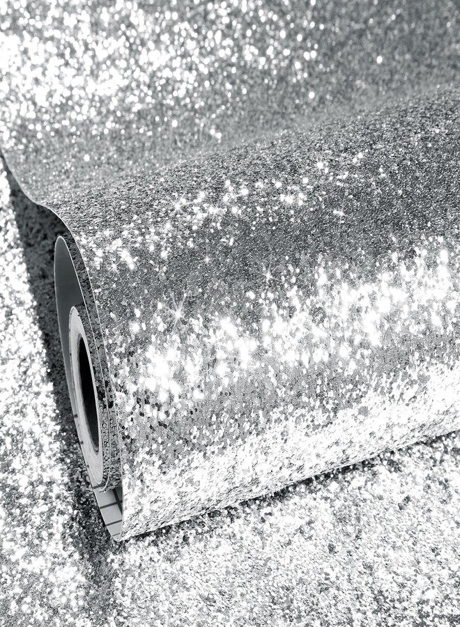 ReWallpaper ورق حائط فضي لامع من ReWallpaper، ورق حائط قابل للإزالة واللصق، ورق حائط فضي لامع ذاتي اللصق، مقاس 15.8 بوصة × 23 قدمًا، ديكور حائط لامع لغرفة النوم والحمام، جدران مميزة - Image 1