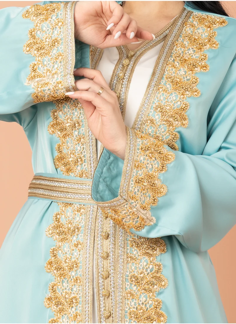 IKKXA Belted Elegant 2-Piece Kaftan IK2020 Turquoise