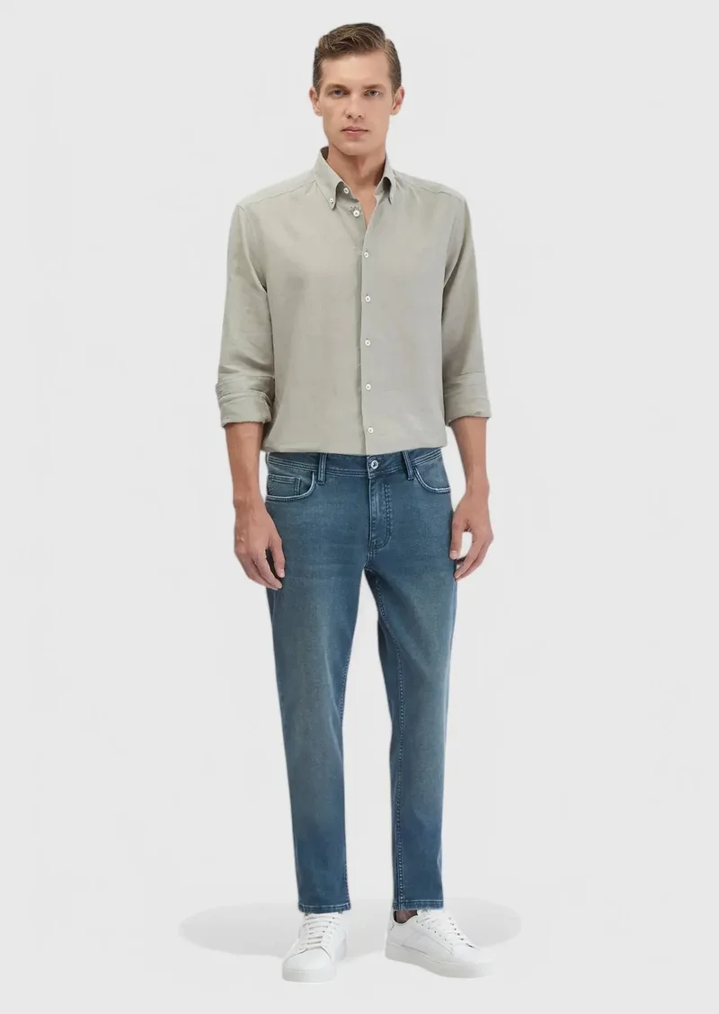 RAMSEY Blue Slim Fit Denim Cotton Blended Trousers