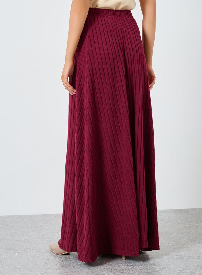 Styli Burgundy Solid Textured Knit Pleated Midi Skirt - Image 4