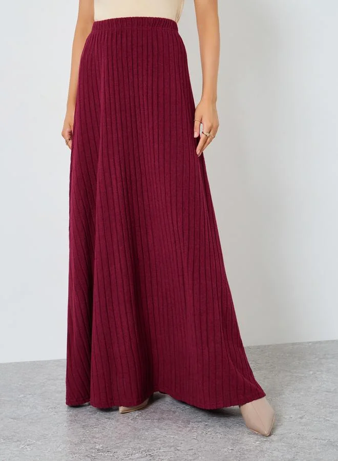 Styli Burgundy Solid Textured Knit Pleated Midi Skirt