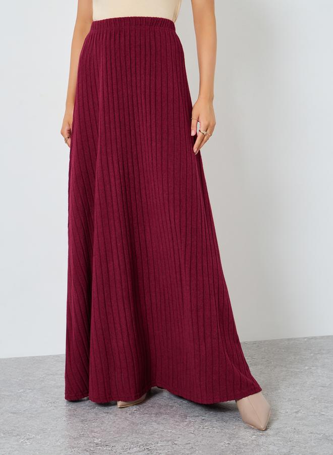 Styli Burgundy Solid Textured Knit Pleated Midi Skirt - Image 2