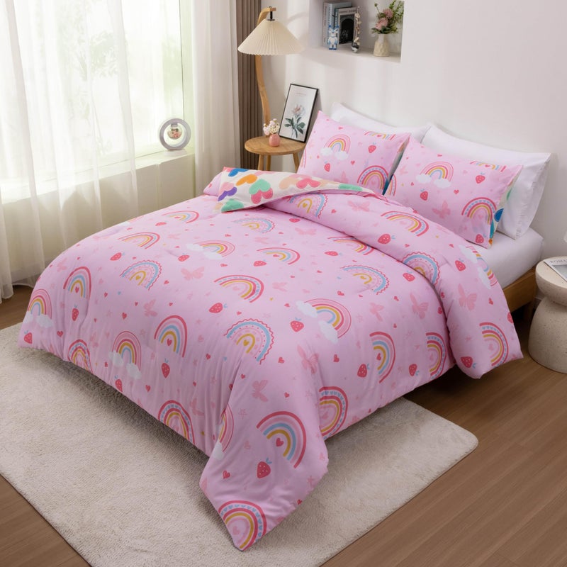 Btargot Lightweight Soft 3 Piece Rainbow Comforter Set With 2 Pillow Covers  Cartoon Butterfly Leaves Flowers Bedding Set For Girls Boys Kids  Full Pink - Image 4