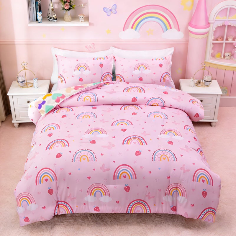 Btargot Lightweight Soft 3 Piece Rainbow Comforter Set With 2 Pillow Covers  Cartoon Butterfly Leaves Flowers Bedding Set For Girls Boys Kids  Full Pink - Image 1