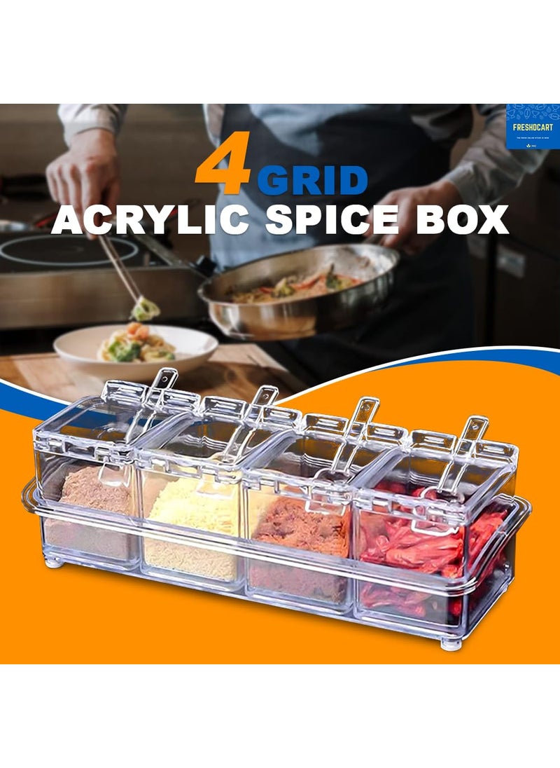 FreshDcart - FreshDcart Fdca389 Transparent 4 Grid Acrylic Spice Box | Seasoning Box | Spice Kit With Serving Spoons For Spice Pepper Salt Masala Kitchen (Pack Of 1 Transparent), Beige - Image 1