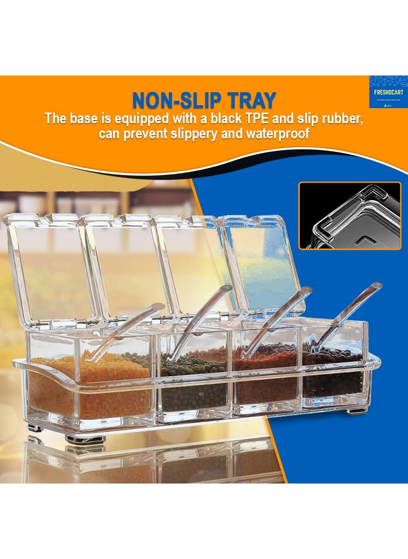 FreshDcart - FreshDcart Fdca389 Transparent 4 Grid Acrylic Spice Box | Seasoning Box | Spice Kit With Serving Spoons For Spice Pepper Salt Masala Kitchen (Pack Of 1 Transparent), Beige - Image 1
