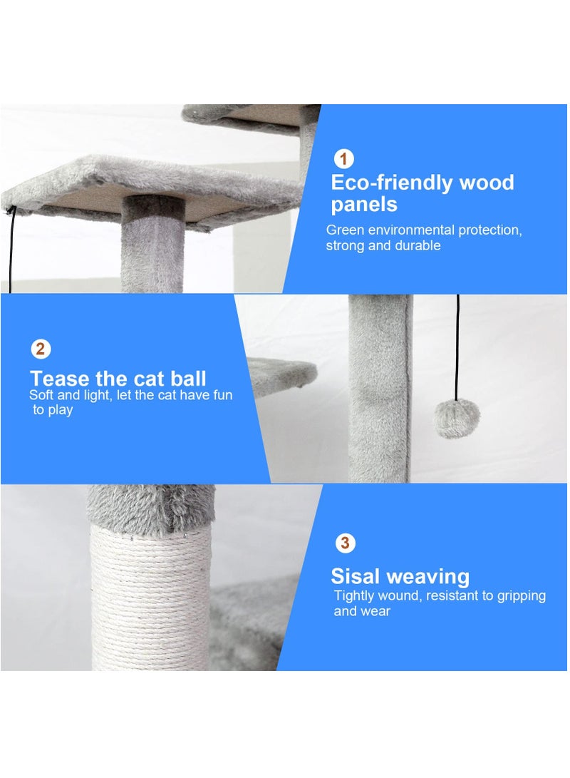 دوركو برج شجرة القطط مقاس 140x54x30 سم شقة للقطط مع 4 أعمدة خدش سيزال، مركز أنشطة شجرة تسلق القطط مع أرجوحة بيت القطط، أعمدة السيزال، سلم، ومكان راحة للقطط الداخلية باللون الرمادي - Image 5