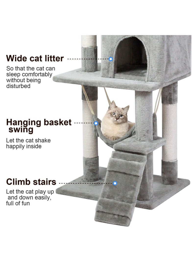 دوركو برج شجرة القطط مقاس 140x54x30 سم شقة للقطط مع 4 أعمدة خدش سيزال، مركز أنشطة شجرة تسلق القطط مع أرجوحة بيت القطط، أعمدة السيزال، سلم، ومكان راحة للقطط الداخلية باللون الرمادي - Image 3
