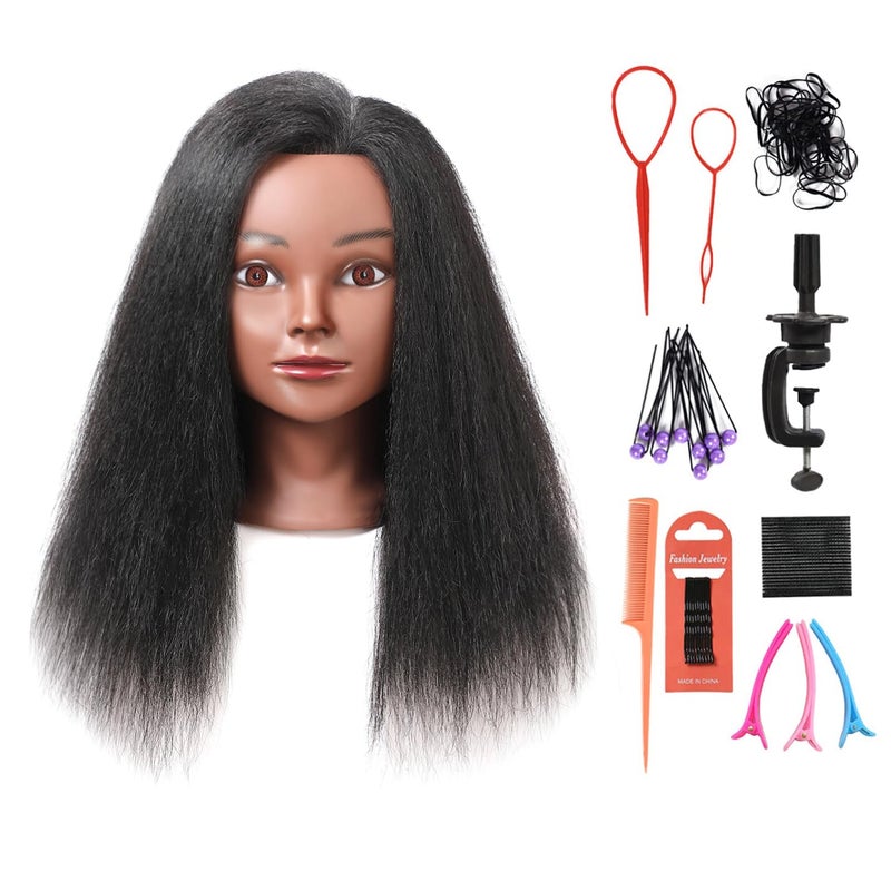 Armmu Mannequin Head with 100% Real Hair, 14" Cosmetology Mannequin Manikin Training Practice Doll Head for Hairdresser Braiding Hair Styling Hairdressing and Clamp Holder- Black - Image 1