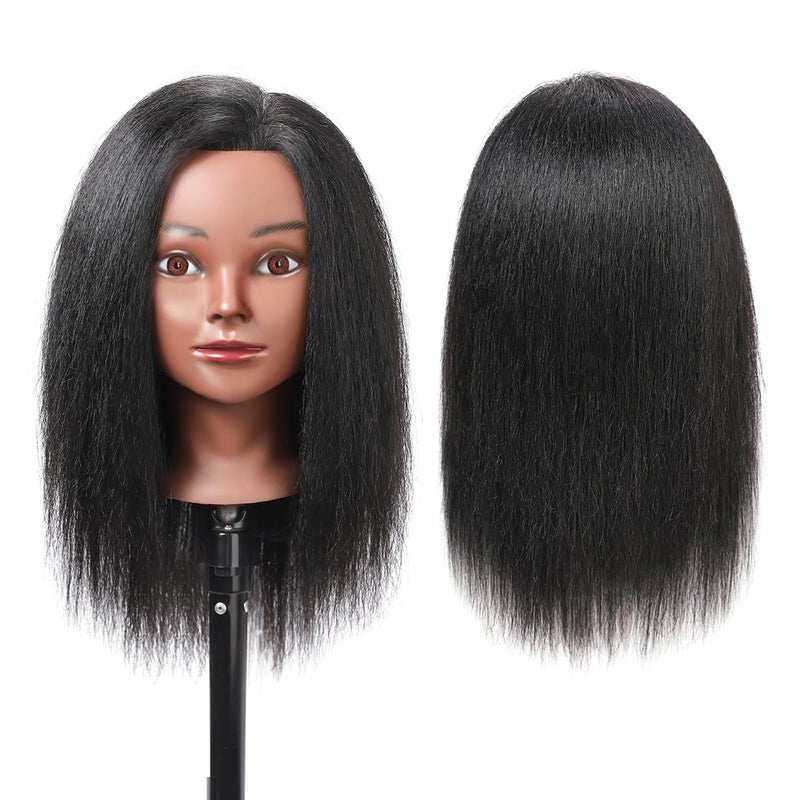 Armmu Mannequin Head with 100% Real Hair, 14" Cosmetology Mannequin Manikin Training Practice Doll Head for Hairdresser Braiding Hair Styling Hairdressing and Clamp Holder- Black - Image 2