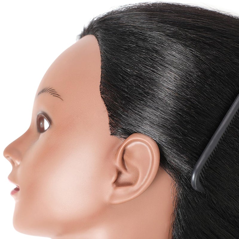 Armmu Mannequin Head with 100% Real Hair, 14" Cosmetology Mannequin Manikin Training Practice Doll Head for Hairdresser Braiding Hair Styling Hairdressing and Clamp Holder- Black - Image 5